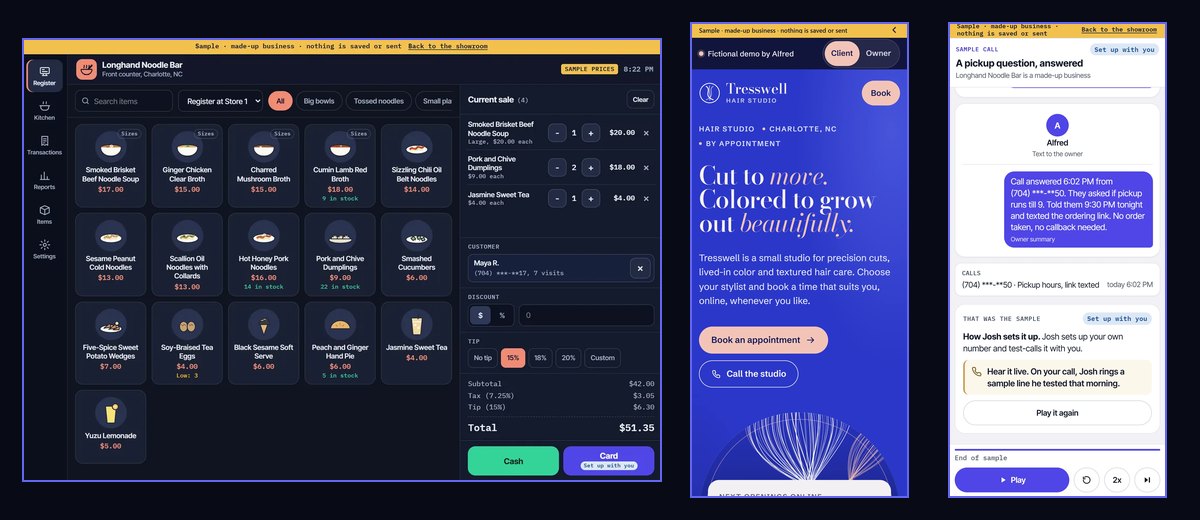 Three screens from the showroom: a counter register, a salon website, and a phone answering a call